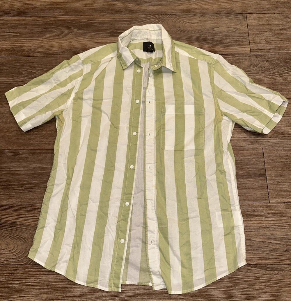 H&M Regular Fit Short Sleeve Shirt Button Down Cotton Green White Stripe Mens S